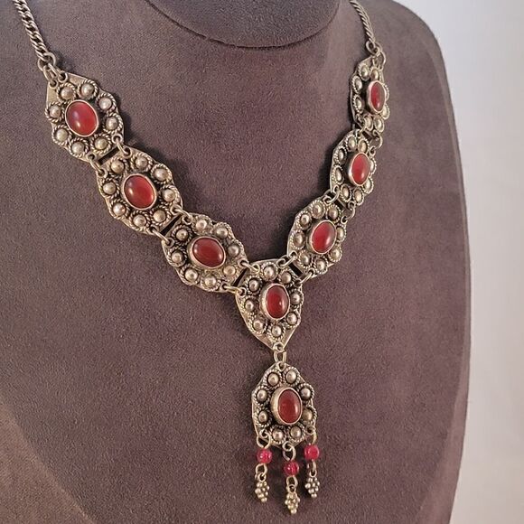 Vintage Sterling Carnelian Tribal Middle Eastern Y Necklace - Picture 2 of 7